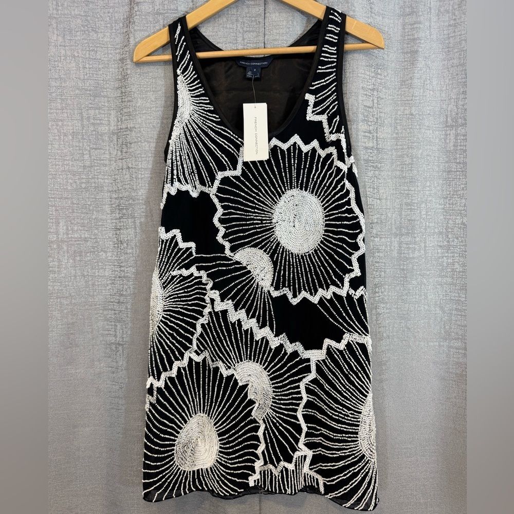French Connection Black Dress with White Beading & Sequins - Size 2 (A055)